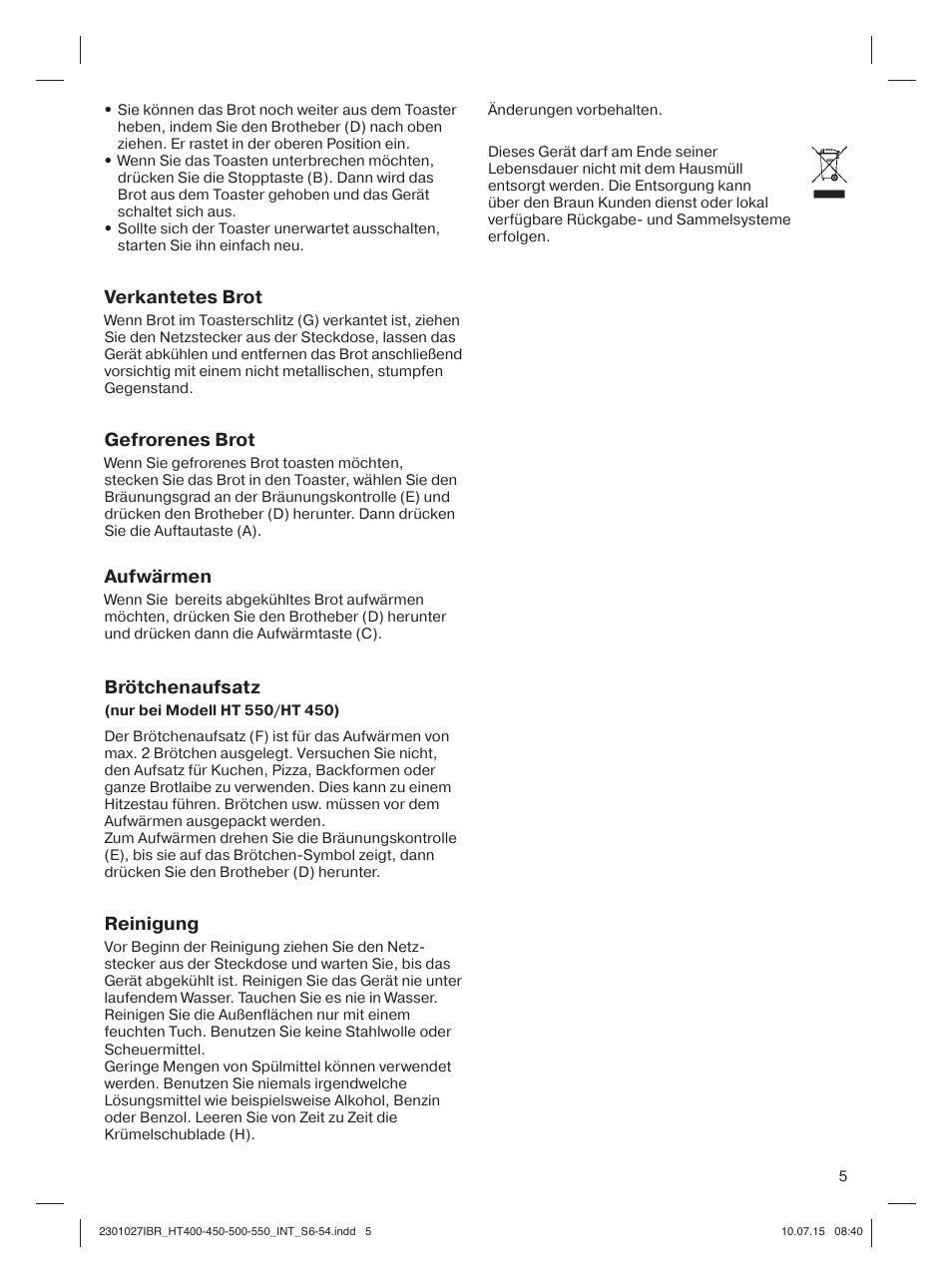 Verkantetes brot, Gefrorenes brot, Aufwärmen | Brötchenaufsatz, Reinigung | Braun MultiToast HT400 User Manual | Page 5 / 54