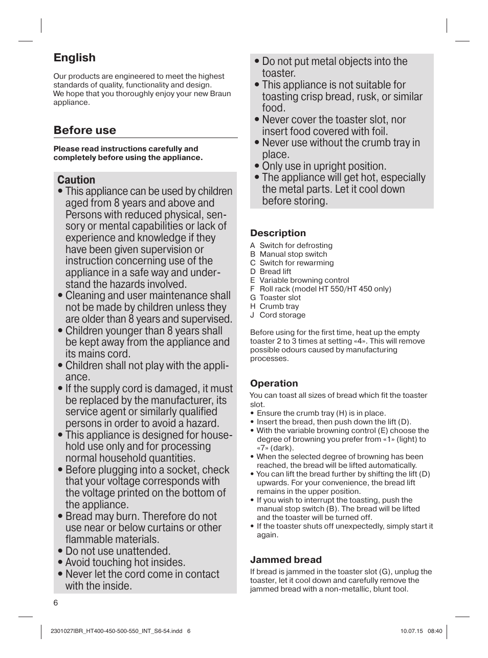 English, Before use | Braun MultiToast HT400 User Manual | Page 6 / 54