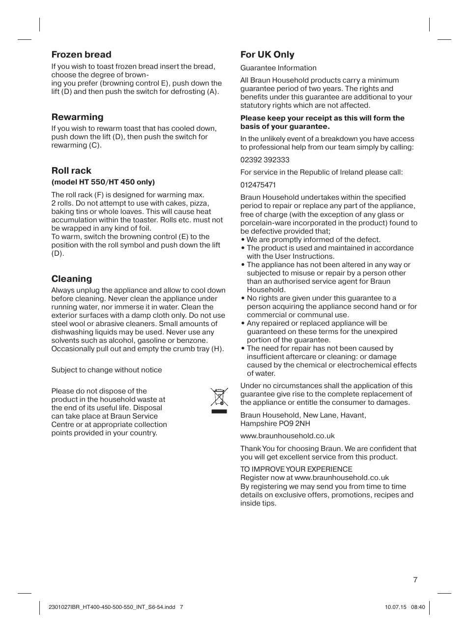 Frozen bread, Rewarming, Roll rack | Cleaning, For uk only | Braun MultiToast HT400 User Manual | Page 7 / 54
