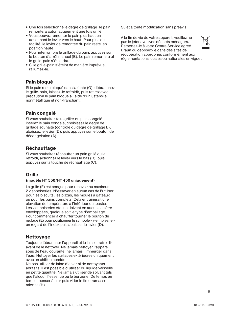 Pain bloqué, Pain congelé, Réchauffage | Grille, Nettoyage | Braun MultiToast HT400 User Manual | Page 9 / 54