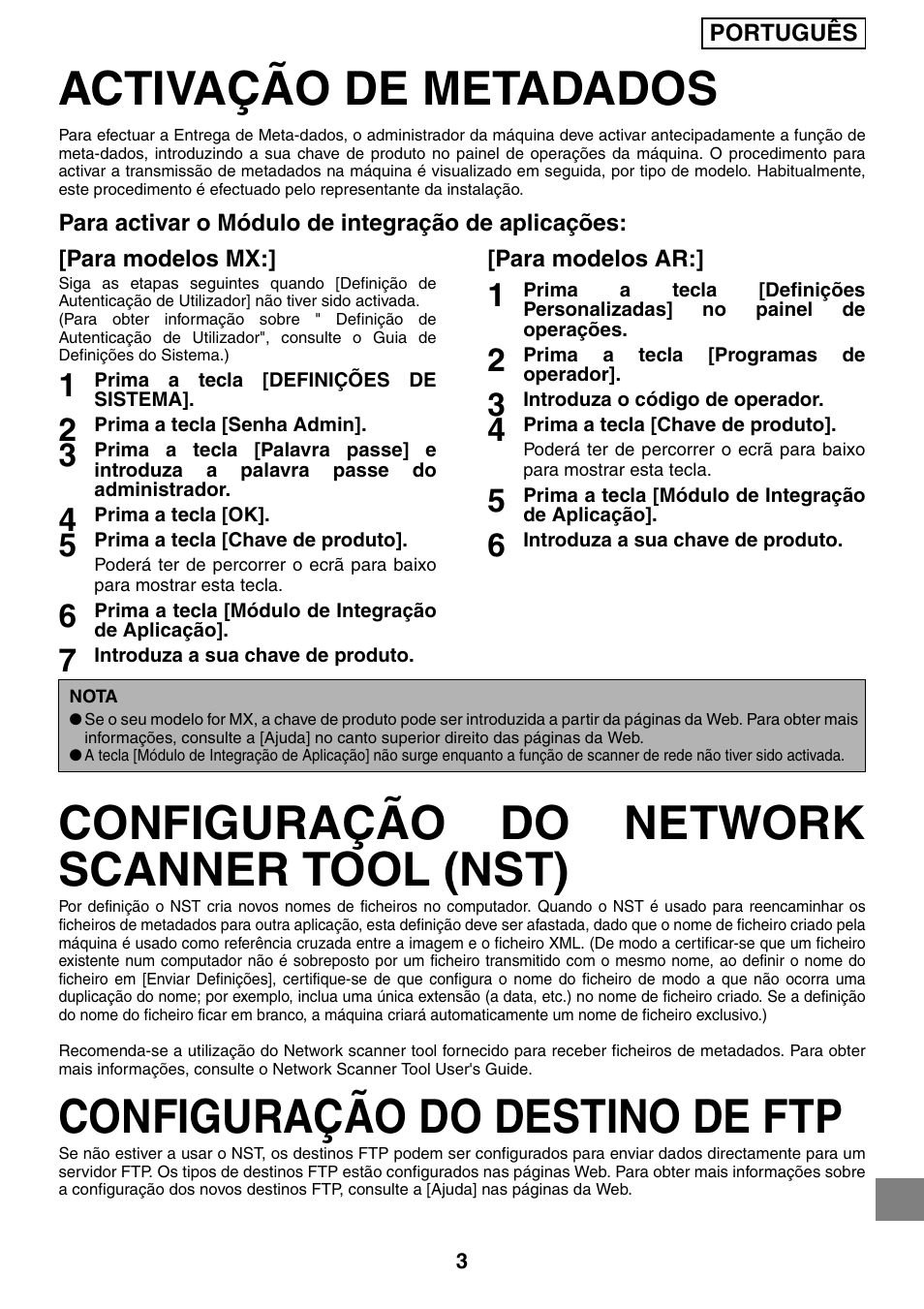 Activação de metadados, Configuração do network scanner tool (nst), Configuração do destino de ftp | Sharp MX-M1055 User Manual | Page 107 / 112