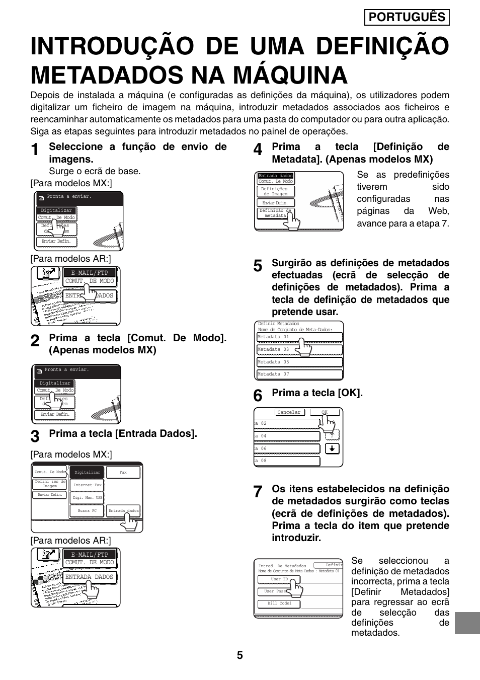 Introdução de uma definição metadados na máquina, Português, Seleccione a função de envio de imagens | Prima a tecla [entrada dados, Prima a tecla [ok | Sharp MX-M1055 User Manual | Page 109 / 112