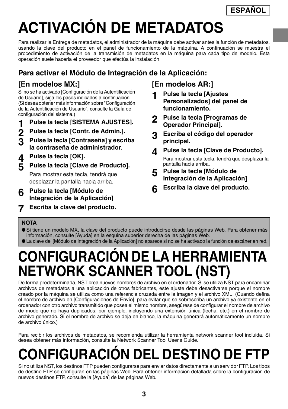 Activación de metadatos, Configuración del destino de ftp | Sharp MX-M1055 User Manual | Page 11 / 112