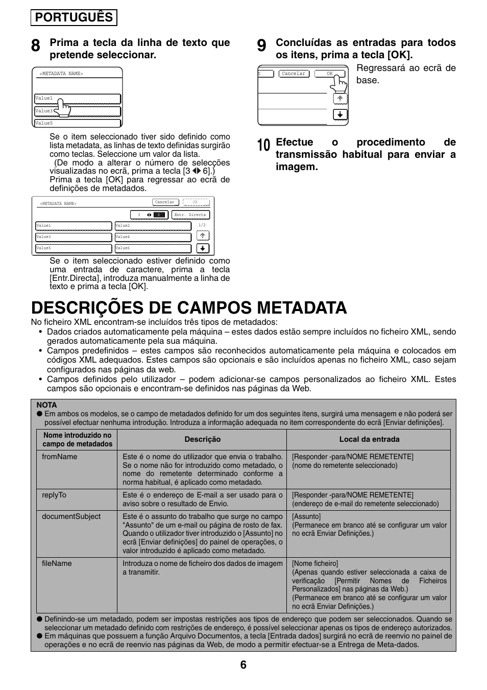 Descrições de campos metadata, Português | Sharp MX-M1055 User Manual | Page 110 / 112