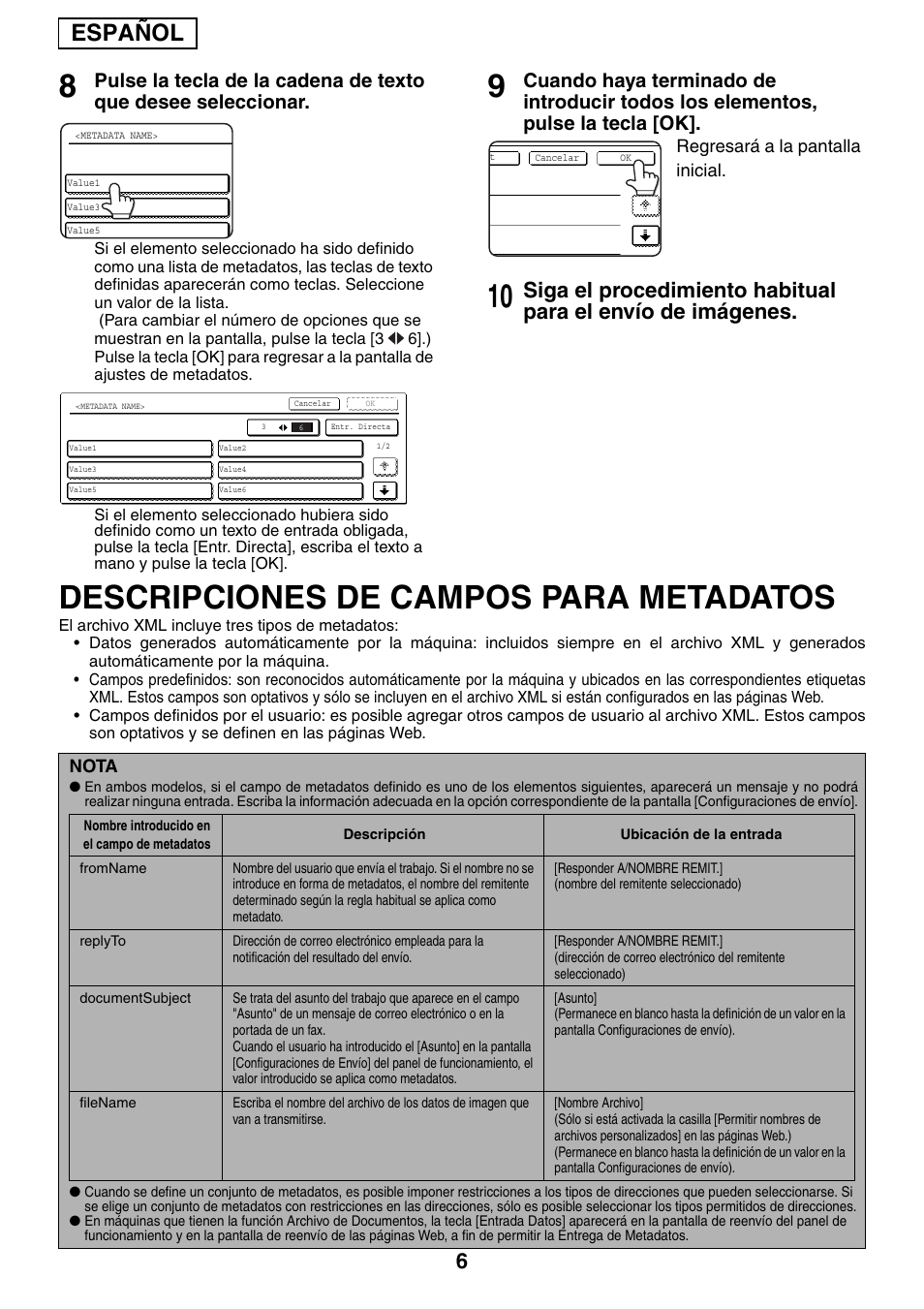 Descripciones de campos para metadatos, Español | Sharp MX-M1055 User Manual | Page 14 / 112