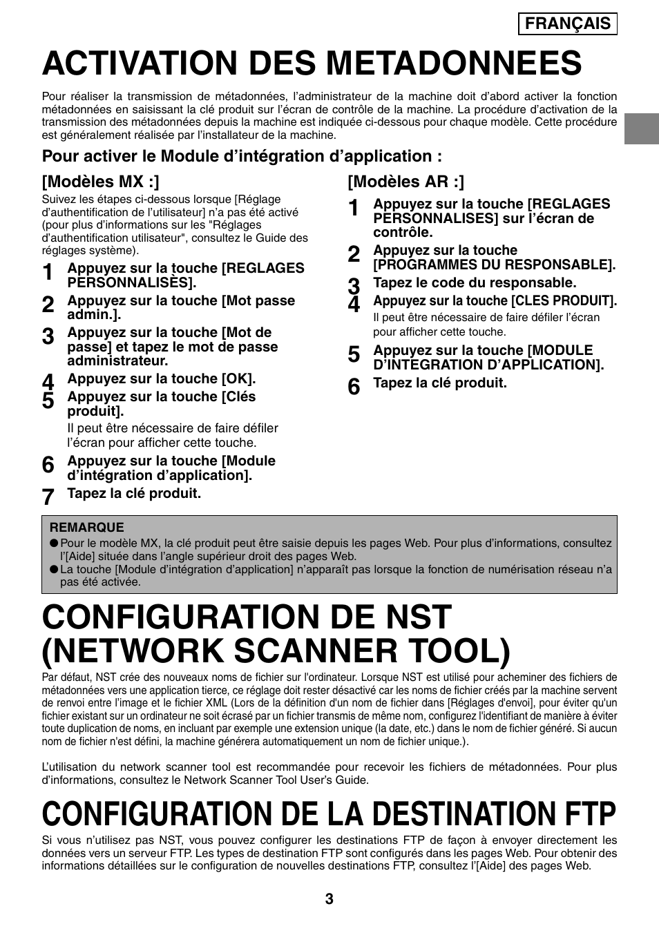 Activation des metadonnees, Configuration de nst (network scanner tool), Configuration de la destination ftp | Sharp MX-M1055 User Manual | Page 17 / 112