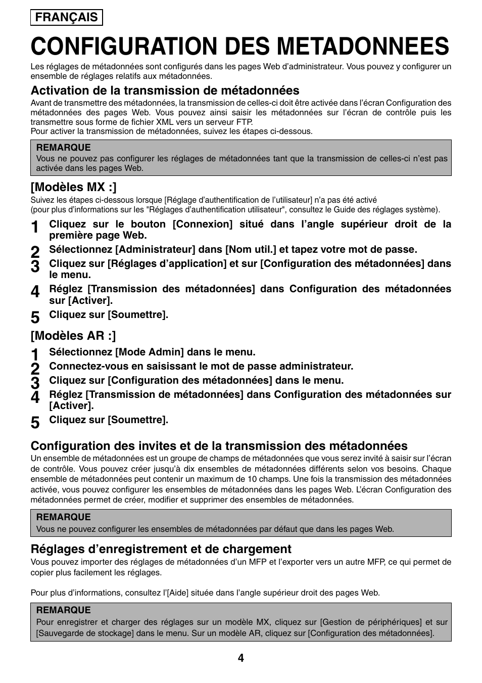 Configuration des metadonnees | Sharp MX-M1055 User Manual | Page 18 / 112
