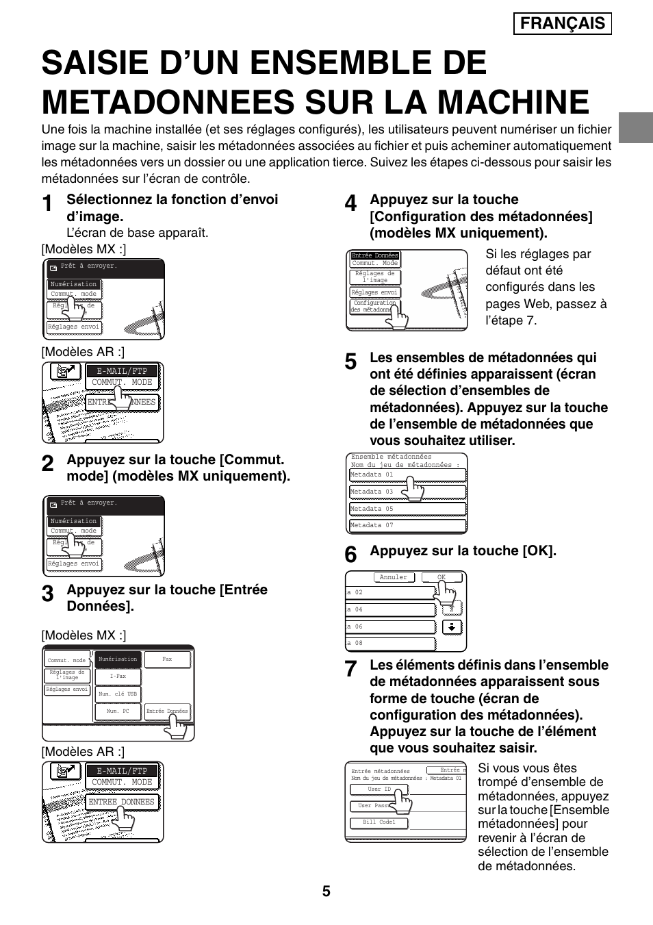 Saisie d’un ensemble de metadonnees sur la machine, Français, Sélectionnez la fonction d’envoi d’image | Appuyez sur la touche [entrée données, Appuyez sur la touche [ok | Sharp MX-M1055 User Manual | Page 19 / 112