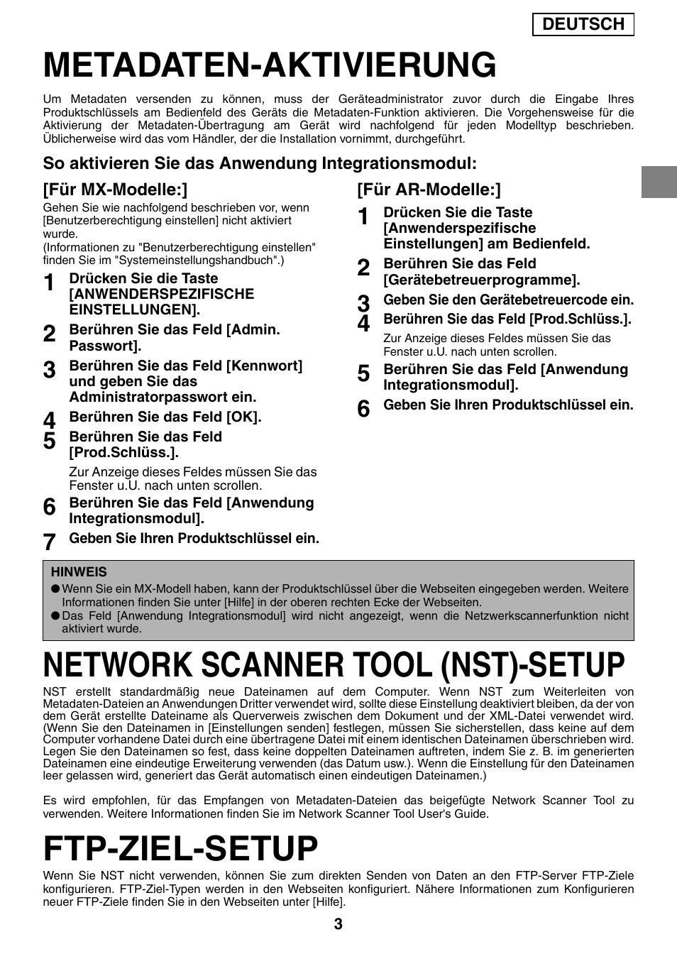 Metadaten-aktivierung, Network scanner tool (nst)-setup, Ftp-ziel-setup | Sharp MX-M1055 User Manual | Page 23 / 112