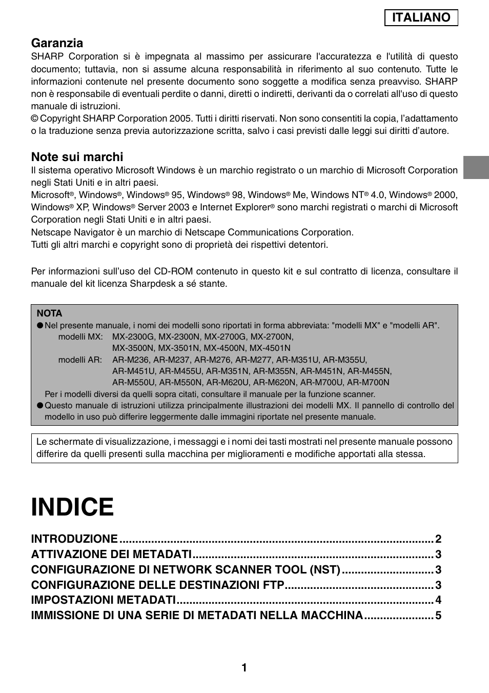 Indice, Italiano garanzia | Sharp MX-M1055 User Manual | Page 27 / 112