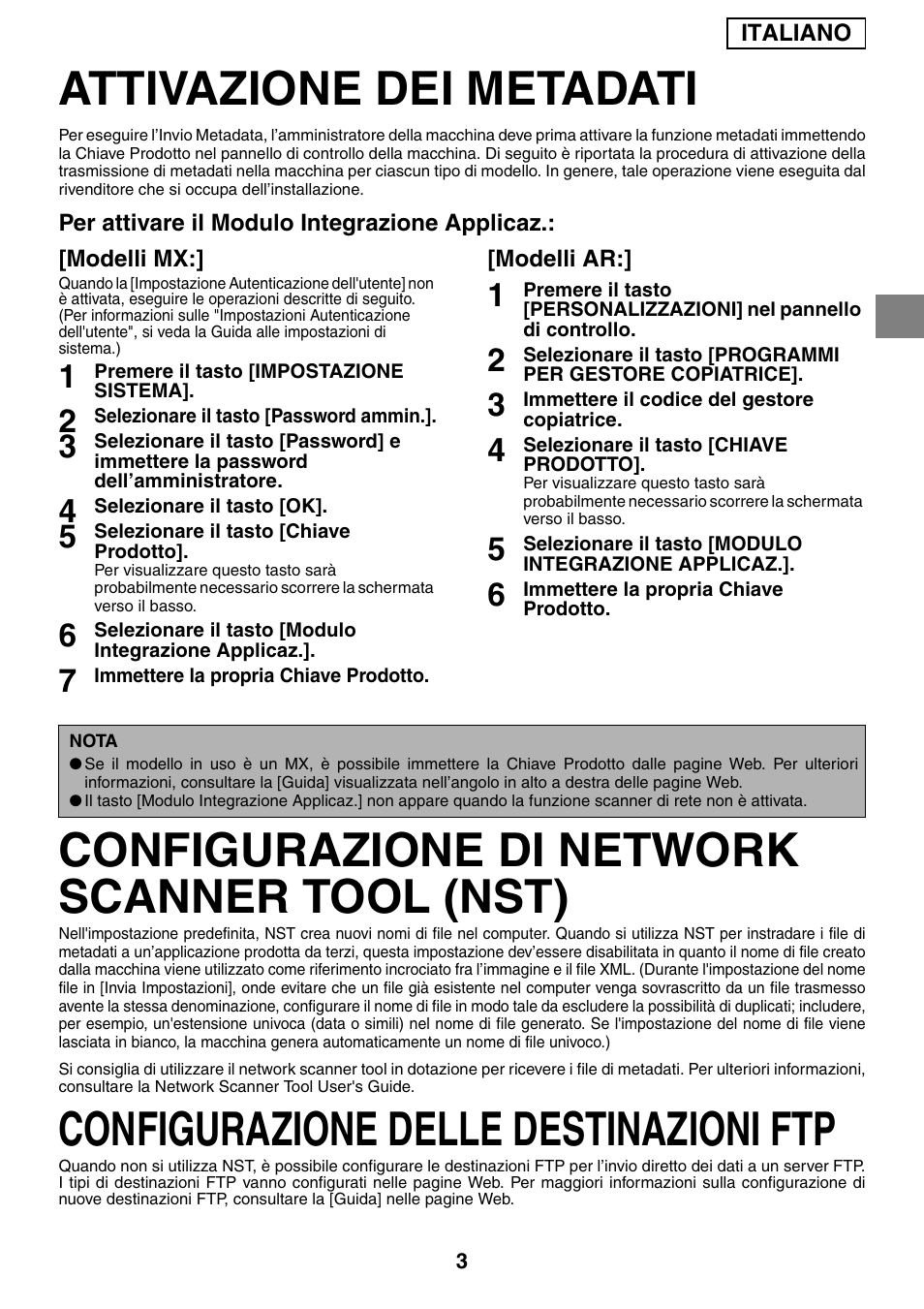 Attivazione dei metadati, Configurazione di network scanner tool (nst), Configurazione delle destinazioni ftp | Sharp MX-M1055 User Manual | Page 29 / 112