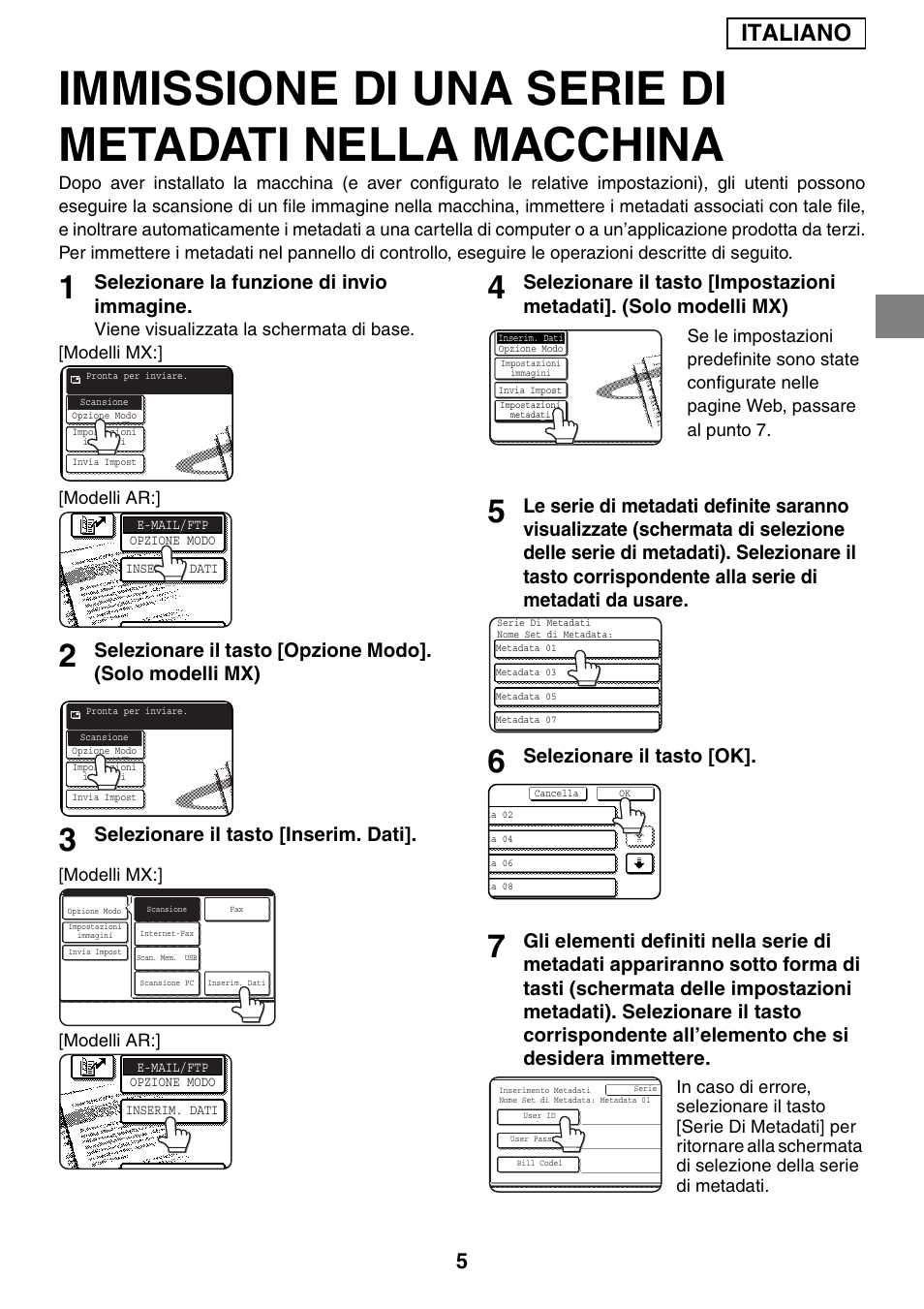 Immissione di una serie di metadati nella macchina, Italiano, Selezionare la funzione di invio immagine | Selezionare il tasto [inserim. dati, Selezionare il tasto [ok | Sharp MX-M1055 User Manual | Page 31 / 112