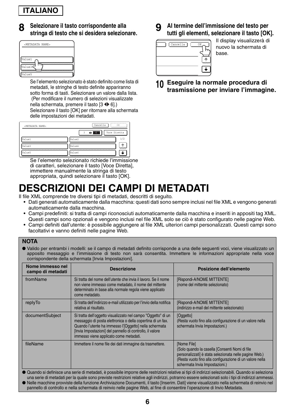 Descrizioni dei campi di metadati, Italiano | Sharp MX-M1055 User Manual | Page 32 / 112