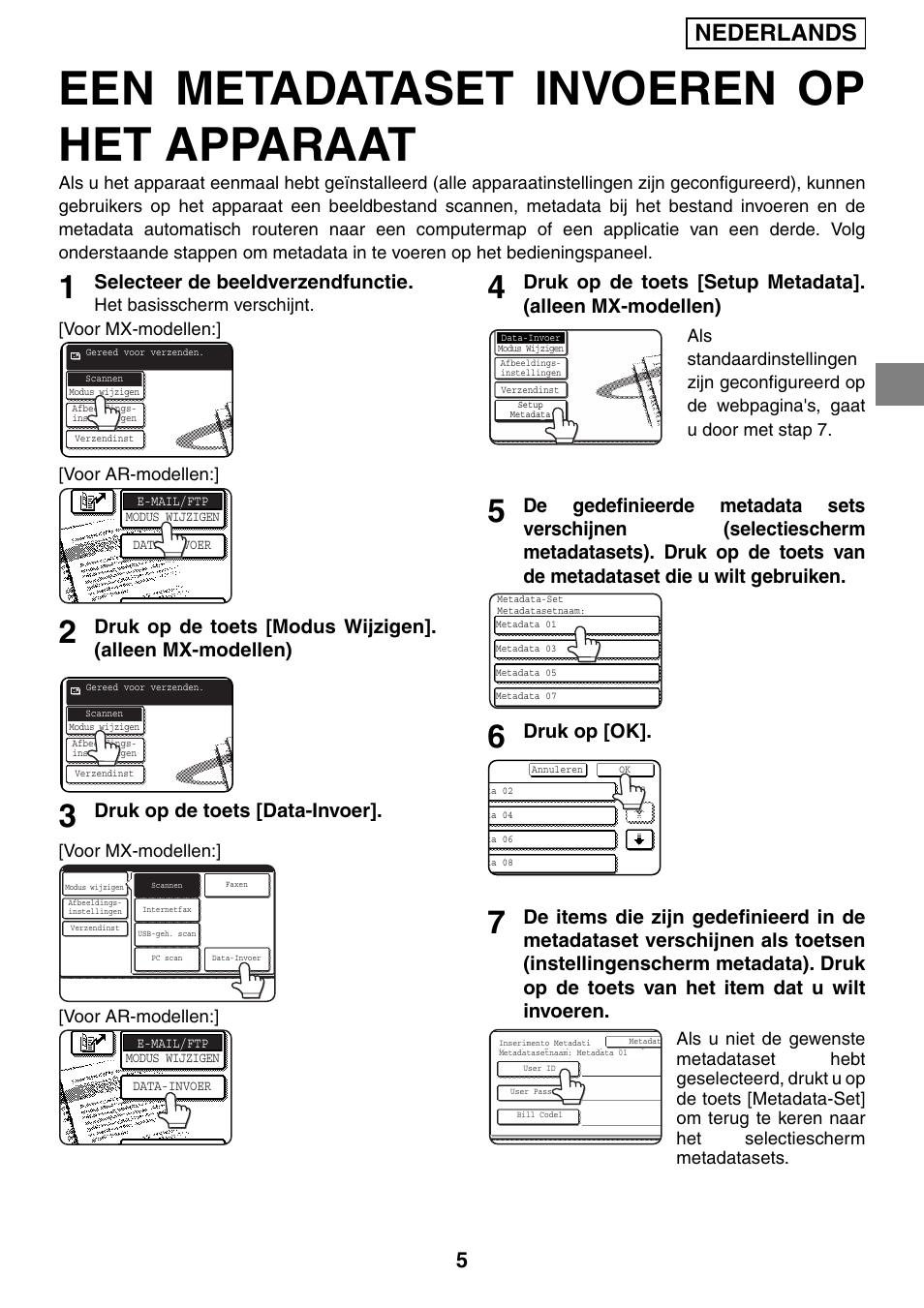 Een metadataset invoeren op het apparaat, Nederlands, Selecteer de beeldverzendfunctie | Druk op de toets [data-invoer, Druk op [ok | Sharp MX-M1055 User Manual | Page 37 / 112