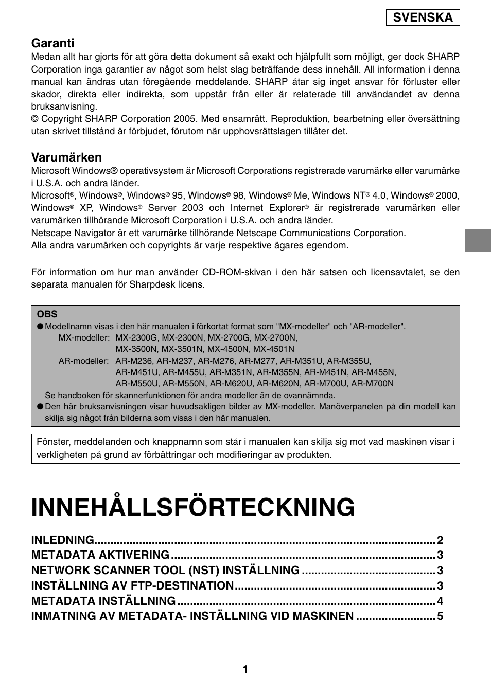 Innehållsförteckning, Svenska garanti, Varumärken | Sharp MX-M1055 User Manual | Page 39 / 112