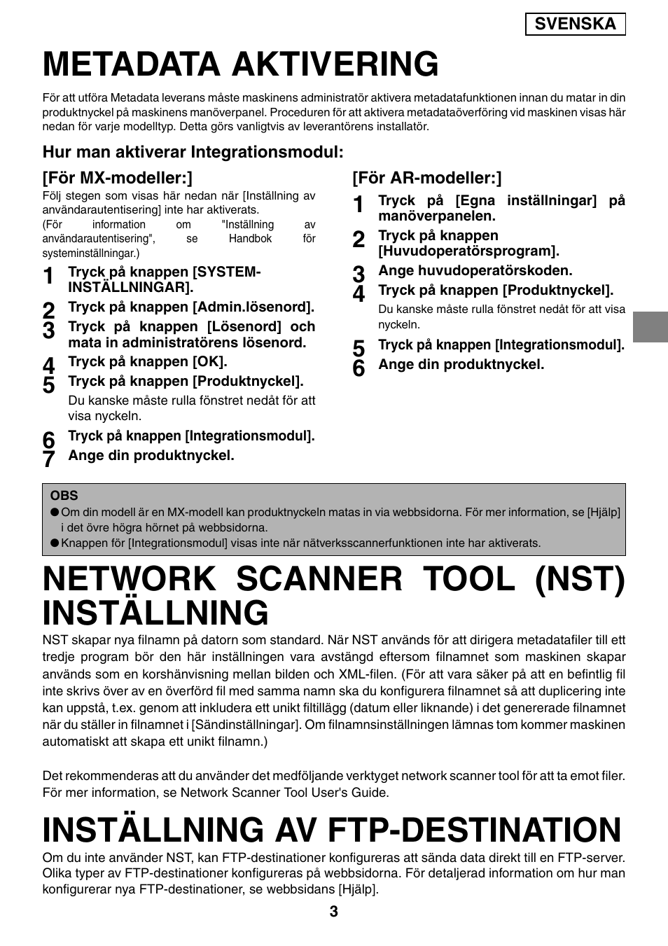 Metadata aktivering, Network scanner tool (nst) inställning, Inställning av ftp-destination | Sharp MX-M1055 User Manual | Page 41 / 112