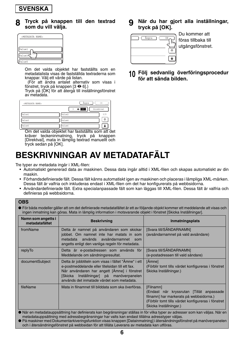 Beskrivningar av metadatafält, Svenska, När du har gjort alla inställningar, tryck på [ok | Sharp MX-M1055 User Manual | Page 44 / 112