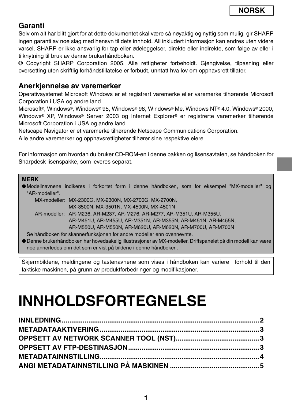 Innholdsfortegnelse, Norsk garanti, Anerkjennelse av varemerker | Sharp MX-M1055 User Manual | Page 45 / 112