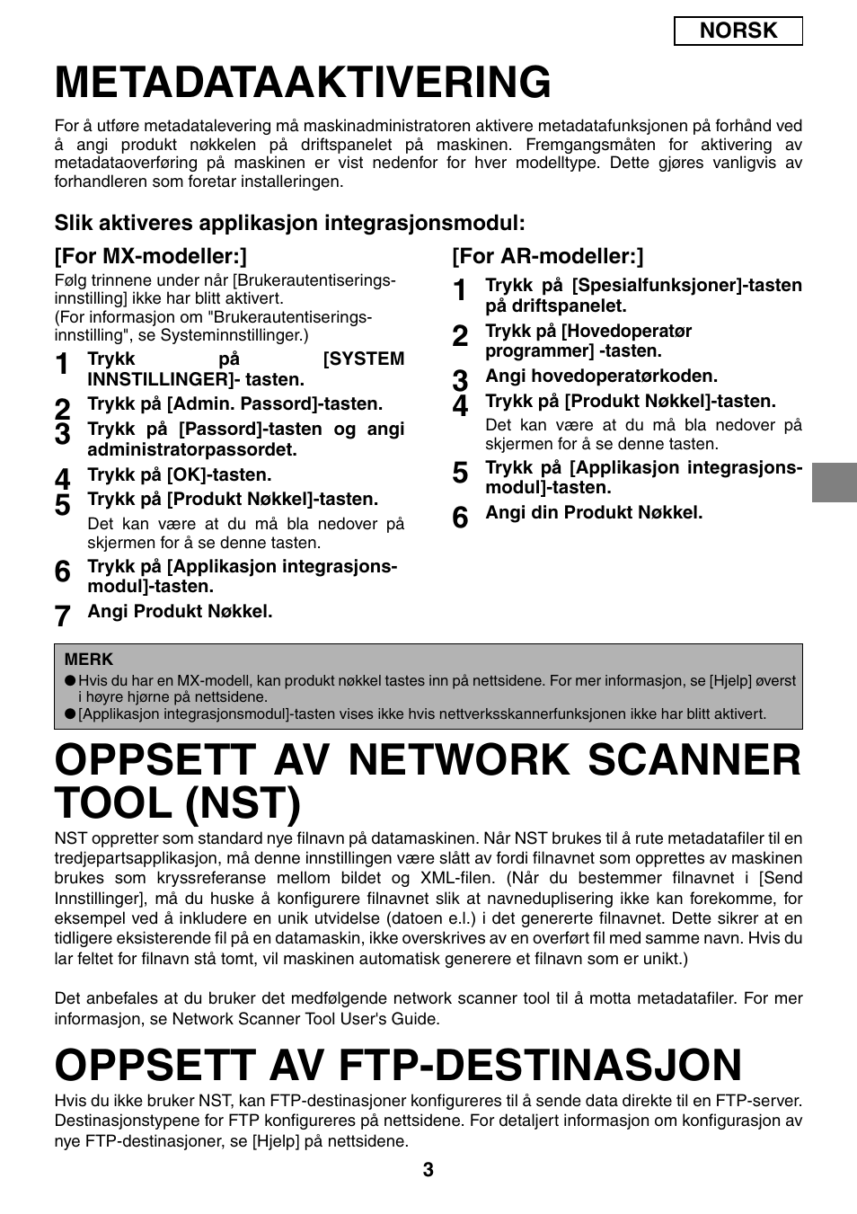 Metadataaktivering, Oppsett av network scanner tool (nst), Oppsett av ftp-destinasjon | Sharp MX-M1055 User Manual | Page 47 / 112