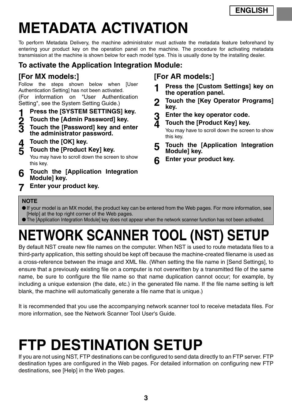 Metadata activation, Network scanner tool (nst) setup, Ftp destination setup | Sharp MX-M1055 User Manual | Page 5 / 112