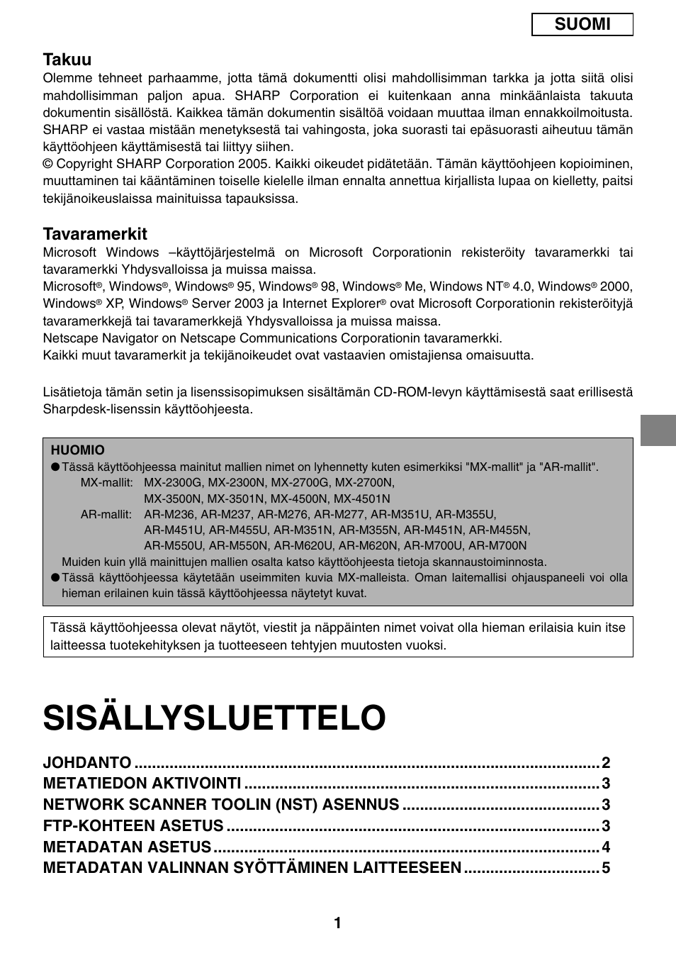 Sisällysluettelo, Suomi takuu, Tavaramerkit | Sharp MX-M1055 User Manual | Page 51 / 112