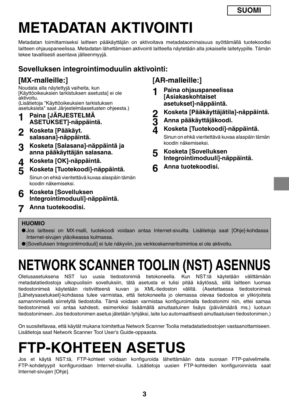 Metadatan aktivointi, Network scanner toolin (nst) asennus, Ftp-kohteen asetus | Sharp MX-M1055 User Manual | Page 53 / 112