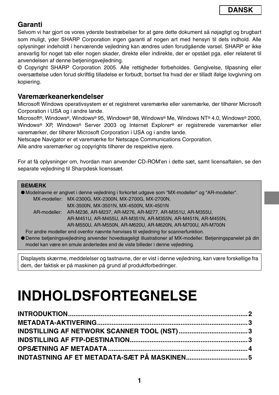 Indholdsfortegnelse, Dansk garanti, Varemærkeanerkendelser | Sharp MX-M1055 User Manual | Page 57 / 112