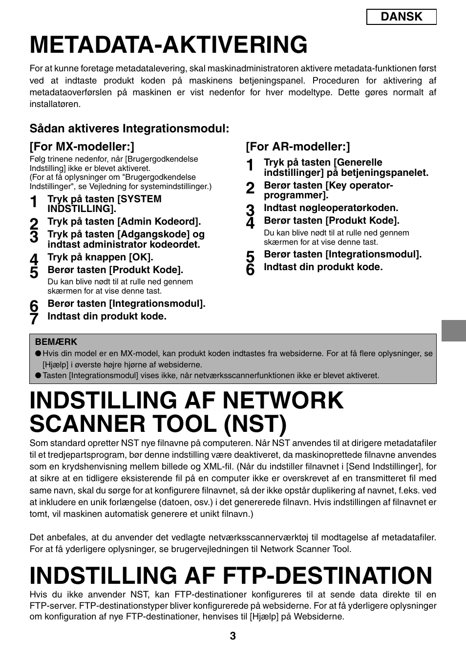 Metadata-aktivering, Indstilling af network scanner tool (nst), Indstilling af ftp-destination | Sharp MX-M1055 User Manual | Page 59 / 112