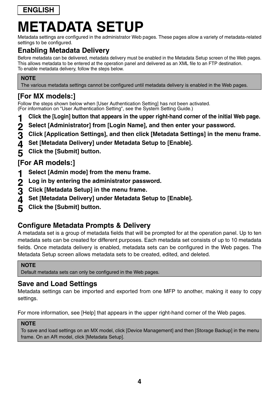 Metadata setup | Sharp MX-M1055 User Manual | Page 6 / 112