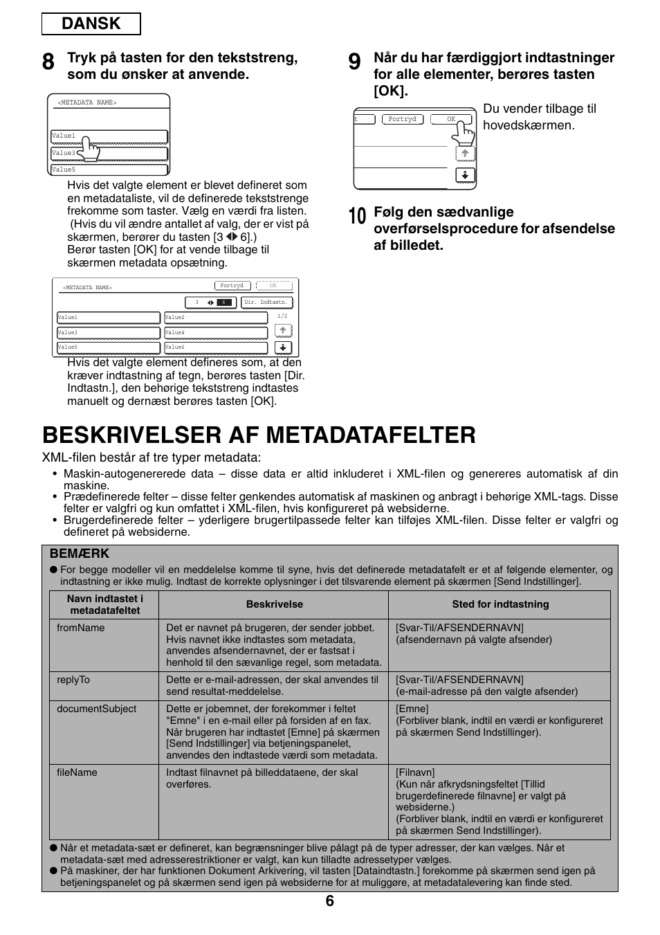 Beskrivelser af metadatafelter, Dansk | Sharp MX-M1055 User Manual | Page 62 / 112
