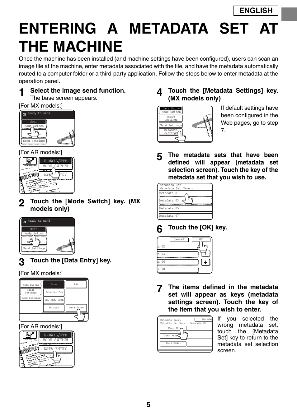 Entering a metadata set at the machine, English, Select the image send function | Touch the [mode switch] key. (mx models only), Touch the [data entry] key, Touch the [ok] key | Sharp MX-M1055 User Manual | Page 7 / 112