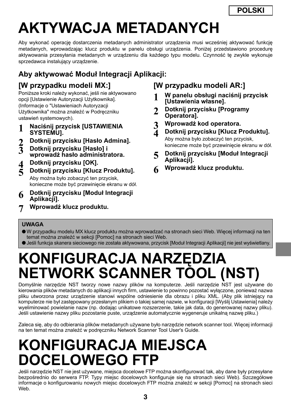 Aktywacja metadanych, Konfiguracja narzędzia network scanner tool (nst), Konfiguracja miejsca docelowego ftp | Sharp MX-M1055 User Manual | Page 71 / 112