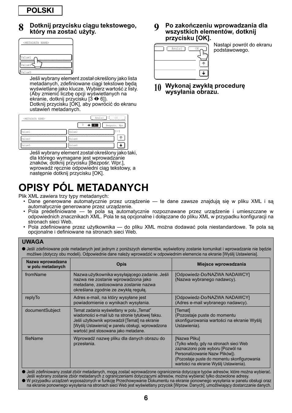 Opisy pól metadanych, Polski, Wykonaj zwykłą procedurę wysyłania obrazu | Sharp MX-M1055 User Manual | Page 74 / 112