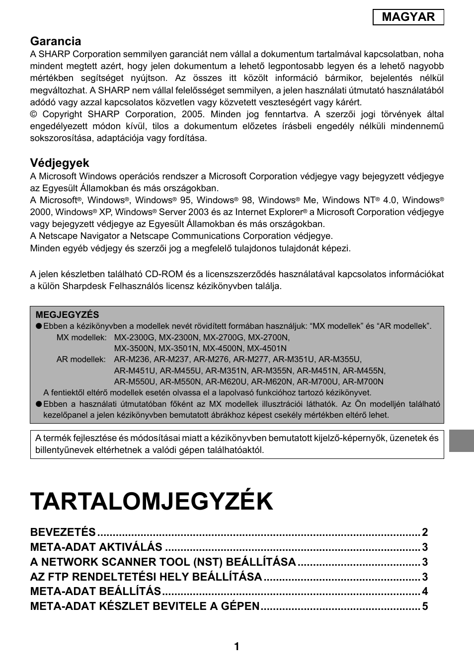 Tartalomjegyzék, Magyar garancia, Védjegyek | Sharp MX-M1055 User Manual | Page 75 / 112