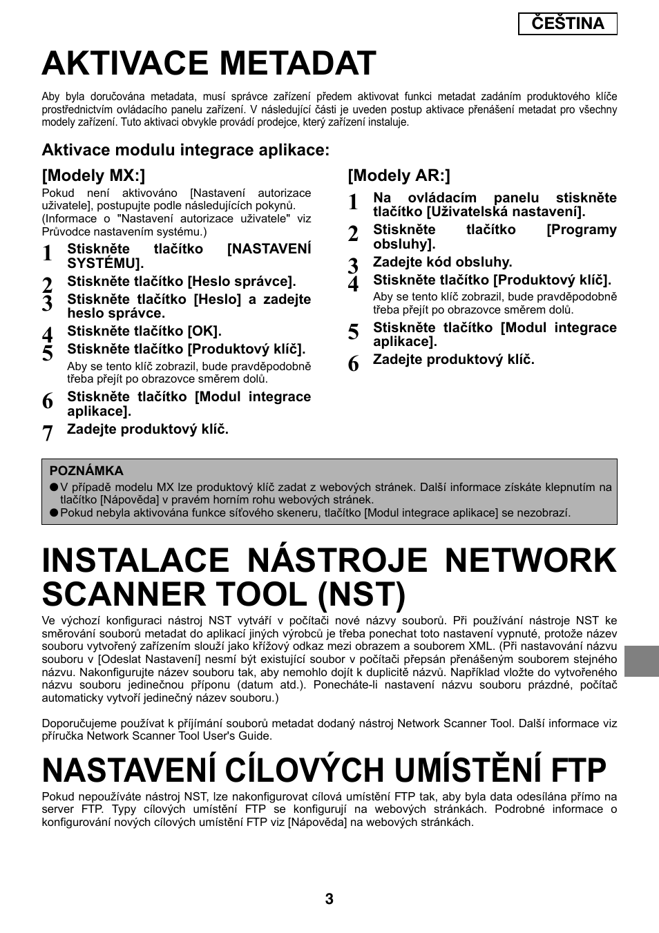 Aktivace metadat, Instalace nástroje network scanner tool (nst), Nastavení cílových umístění ftp | Sharp MX-M1055 User Manual | Page 83 / 112