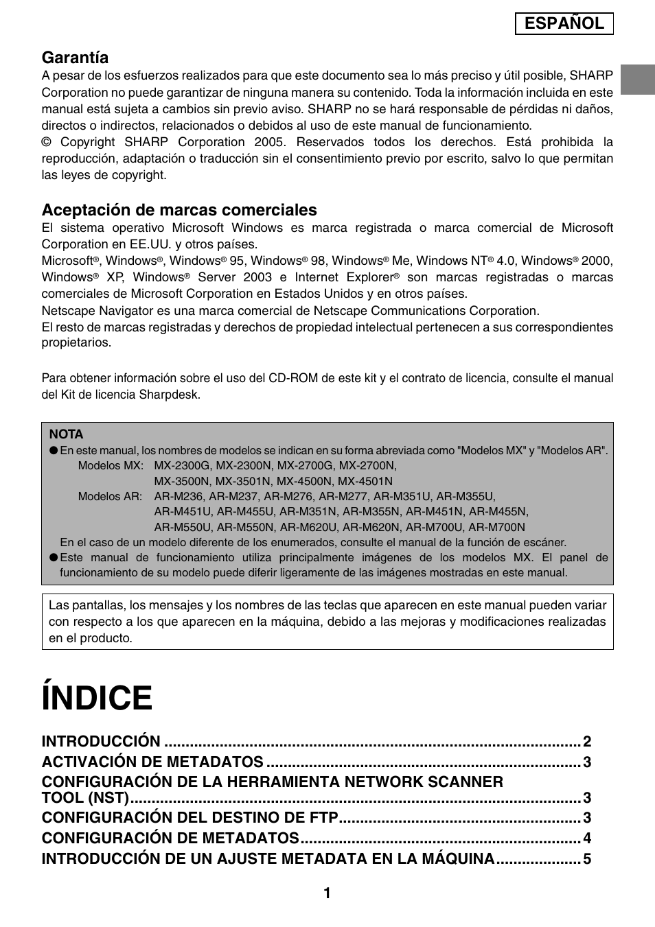 Índice, Español garantía, Aceptación de marcas comerciales | Sharp MX-M1055 User Manual | Page 9 / 112