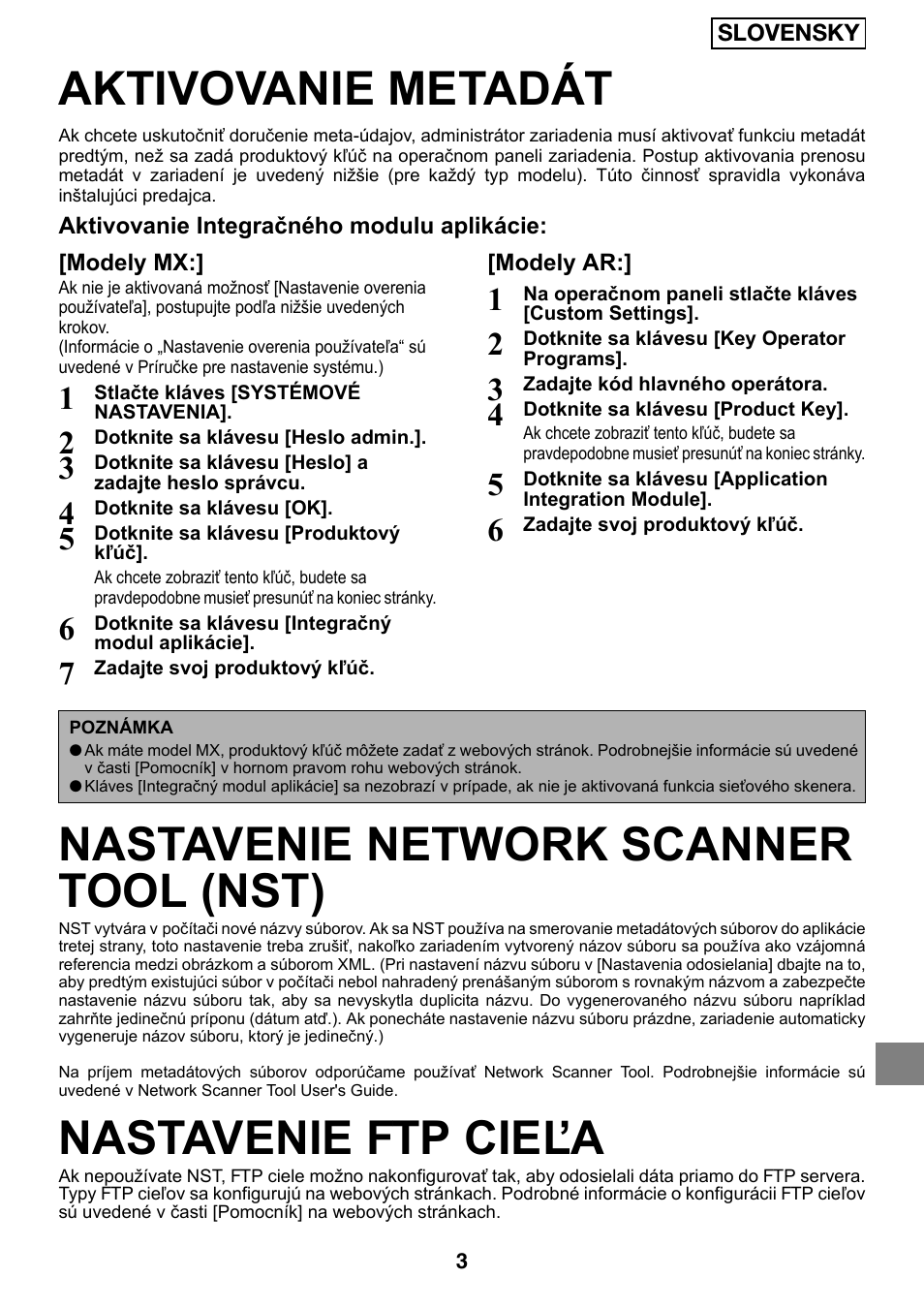 Aktivovanie metadát, Nastavenie network scanner tool (nst), Nastavenie ftp cieľa | Sharp MX-M1055 User Manual | Page 95 / 112