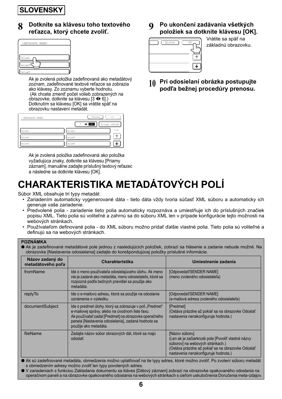 Charakteristika metadátových polí, Slovensky | Sharp MX-M1055 User Manual | Page 98 / 112