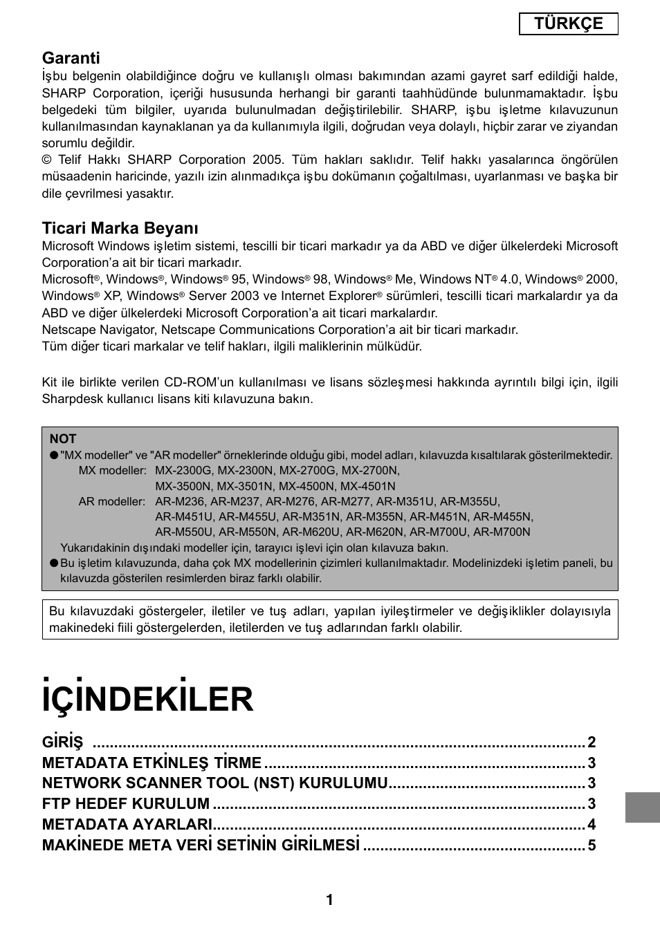 Ýçýndekýler, Türkçe garanti, Ticari marka beyaný | Sharp MX-M1055 User Manual | Page 99 / 112