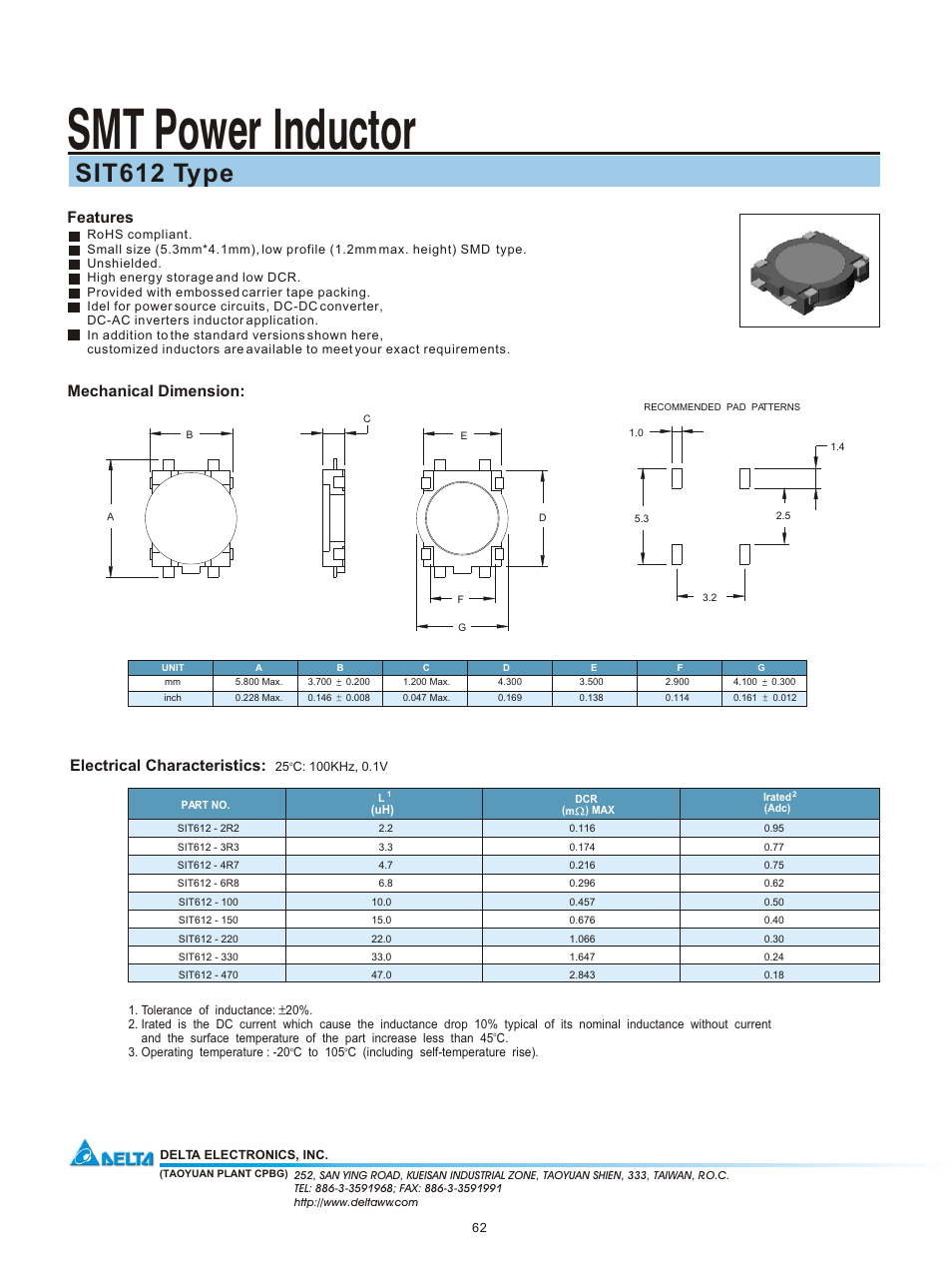 Delta Electronics SMT Power Inductor SIT612 User Manual | 1 page
