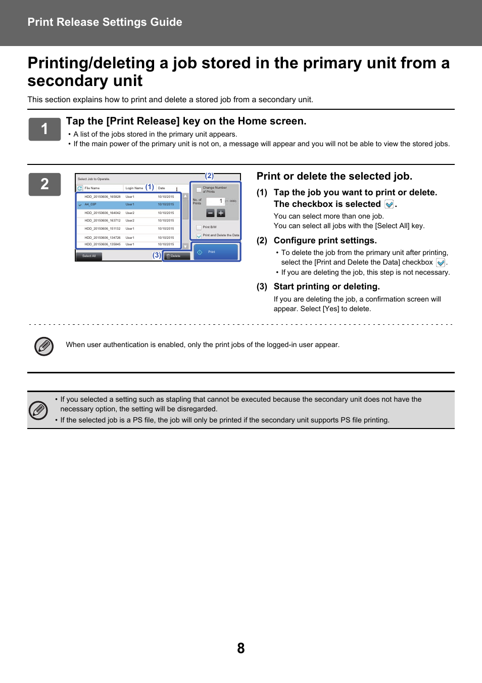 Print release settings guide, Tap the [print release] key on the home screen, Print or delete the selected job | 2) configure print settings, 3) start printing or deleting | Sharp MX-6070N User Manual | Page 8 / 10