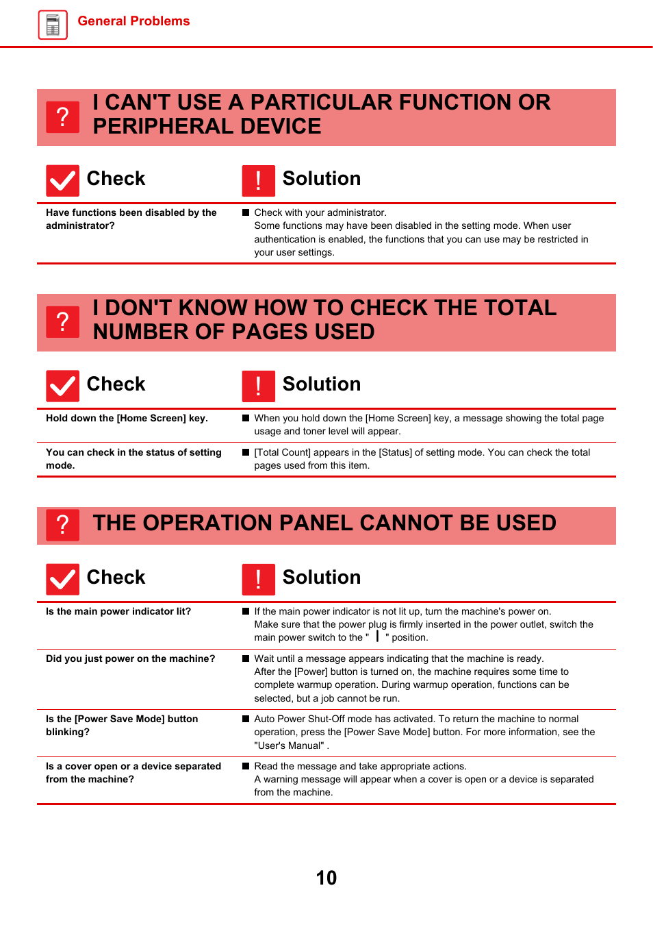 I can't use a particular, Function or peripheral device, Have functions been disabled by the administrator | I don't know how to check the, Hold down the [home screen] key, You can check in the status of setting mode, The operation panel cannot, Be used, Is the main power indicator lit, Did you just power on the machine | Sharp MX-6070N User Manual | Page 10 / 60