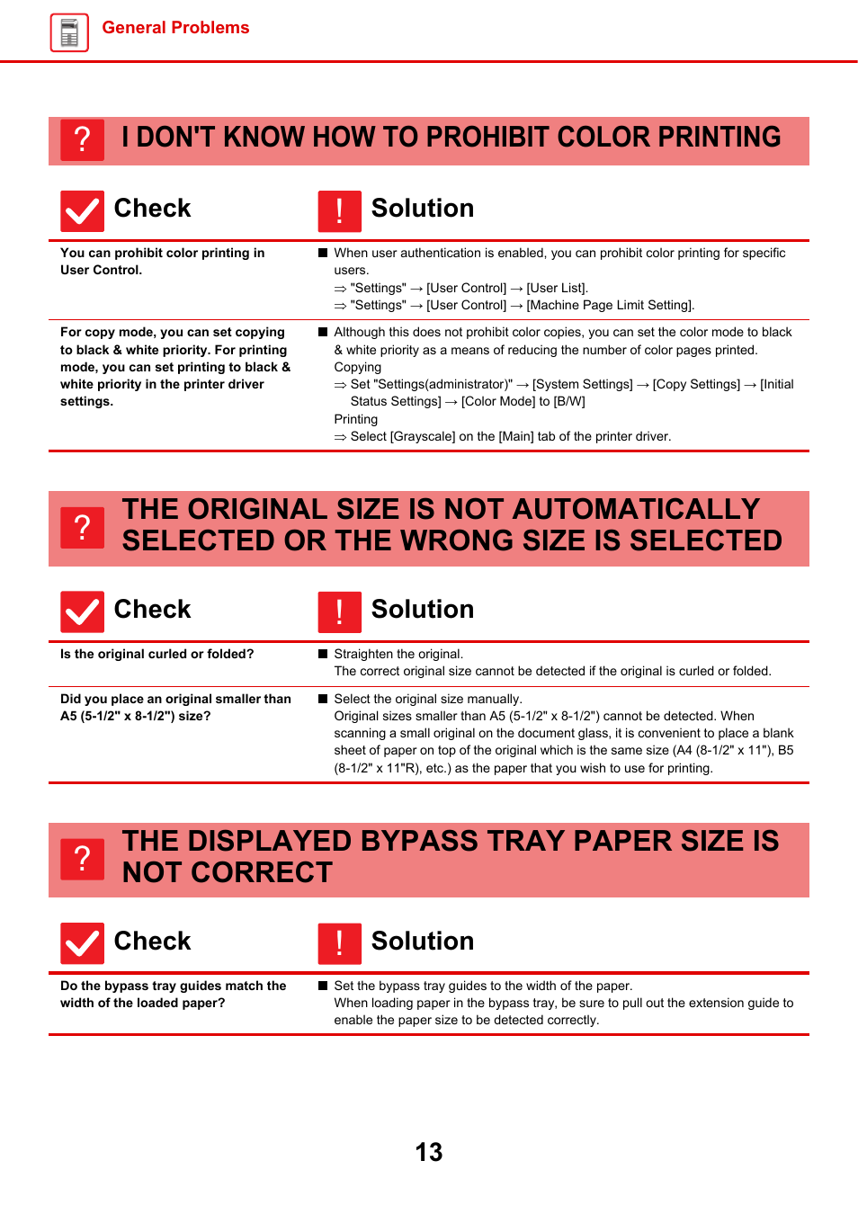 I don't know how to prohibit, Color printing, You can prohibit color printing in user control | Driver settings, The original size is not, Automatically selected or, The wrong size is selected, Is the original curled or folded, The displayed bypass tray, Paper size is not correct | Sharp MX-6070N User Manual | Page 13 / 60