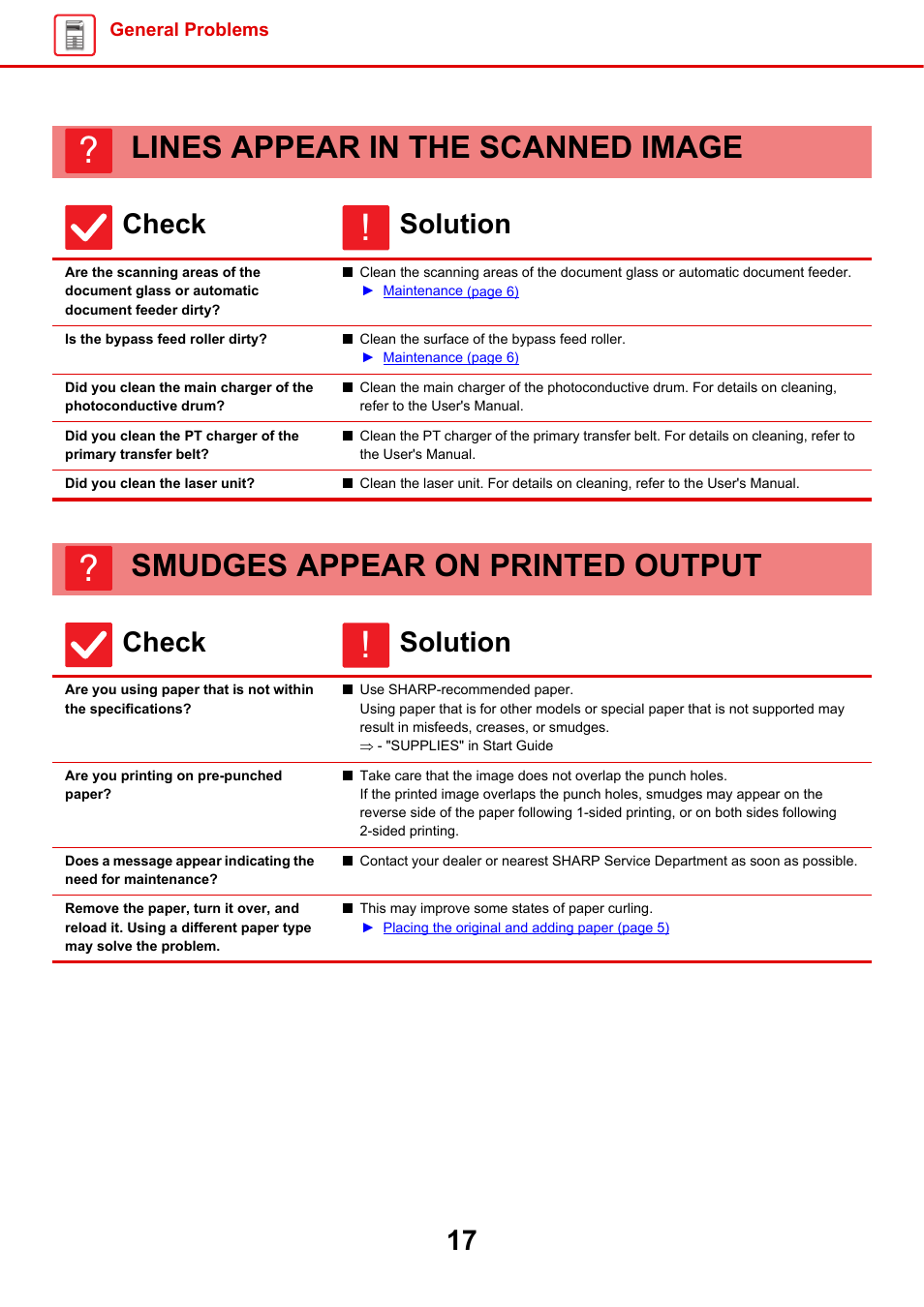 Lines appear in the scanned, Image, Feeder dirty | Is the bypass feed roller dirty, Did you clean the laser unit, Smudges appear on printed, Output, Are you printing on pre-punched paper, Type may solve the problem, Lines appear in the scanned image | Sharp MX-6070N User Manual | Page 17 / 60