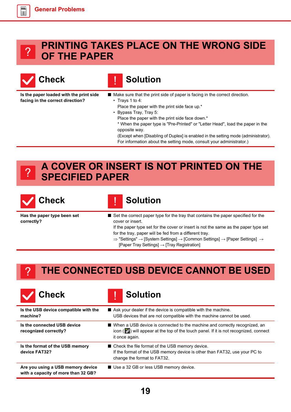 Printing takes place on the, Wrong side of the paper, A cover or insert is not | Printed on the specified, Paper, Has the paper type been set correctly, The connected usb device, Cannot be used, Is the usb device compatible with the machine, Is the connected usb device recognized correctly | Sharp MX-6070N User Manual | Page 19 / 60