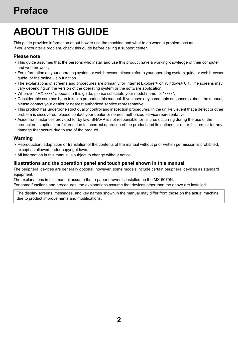 About this guide, Preface | Sharp MX-6070N User Manual | Page 2 / 60