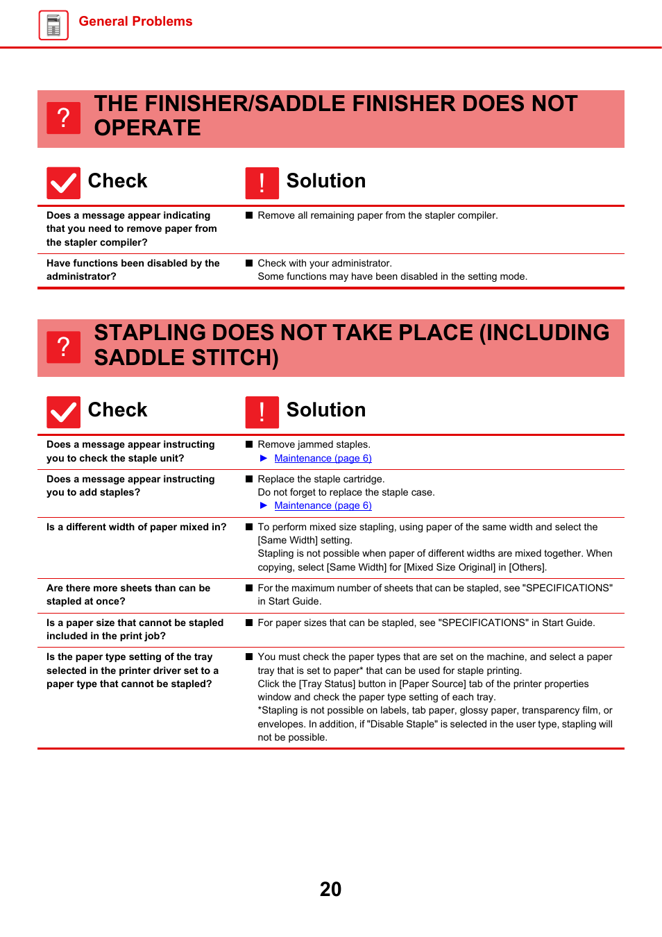 The finisher/saddle finisher, Does not operate, The stapler compiler | Have functions been disabled by the administrator, Stapling does not take place, Including saddle stitch), Is a different width of paper mixed in, Are there more sheets than can be stapled at once, Paper type that cannot be stapled, The finisher/saddle finisher does not operate | Sharp MX-6070N User Manual | Page 20 / 60