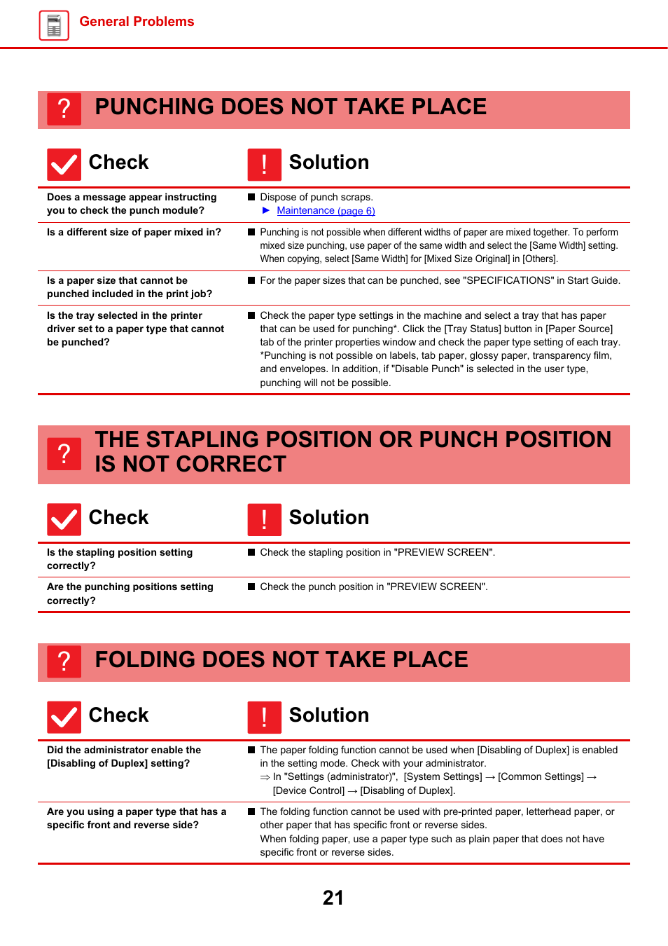 Punching does not take, Place, Is a different size of paper mixed in | Be punched, The stapling position or, Punch position is not, Correct, Is the stapling position setting correctly, Are the punching positions setting correctly, Folding does not take place | Sharp MX-6070N User Manual | Page 21 / 60