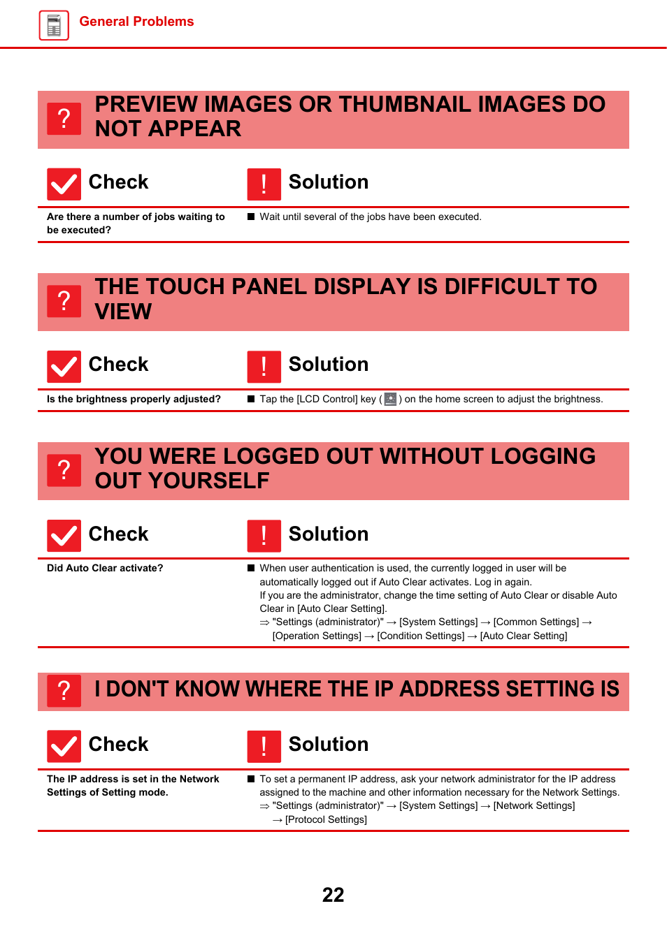 Preview images or thumbnail, Images do not appear, Are there a number of jobs waiting to be executed | The touch panel display is, Difficult to view, Is the brightness properly adjusted, You were logged out, Without logging out, Yourself, Did auto clear activate | Sharp MX-6070N User Manual | Page 22 / 60