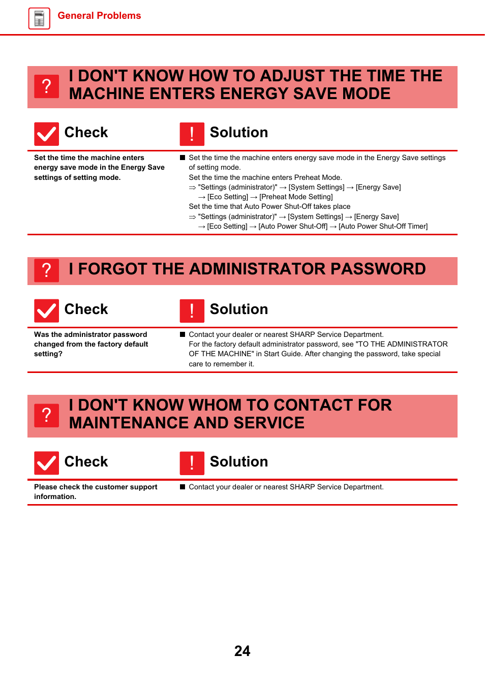 I don't know how to adjust, The time the machine enters, Energy save mode | Settings of setting mode, I forgot the administrator, Password, Setting, I don't know whom to, Contact for maintenance, And service | Sharp MX-6070N User Manual | Page 24 / 60